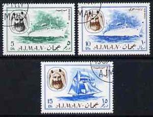 Ajman 1967 Ships (5Dh, 15Dh & 10R cto used from Transport perf set of 14) Mi 131, 132 & 140*, stamps on , stamps on  stamps on ships