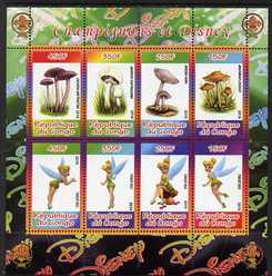 Congo 2010 Disney & Mushrooms perf sheetlet containing 8 values with Scout Logo unmounted mint, stamps on , stamps on  stamps on disney, stamps on  stamps on films, stamps on  stamps on cinema, stamps on  stamps on movies, stamps on  stamps on cartoons, stamps on  stamps on scouts, stamps on  stamps on fungii