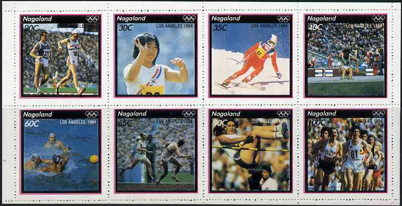 Nagaland 1984 Los Angeles Olympic Games perf sheetlet containing complete set of 8 values unmounted mint, stamps on olympics    walking    shot    skiing    long jump      water polo     relay    high jump