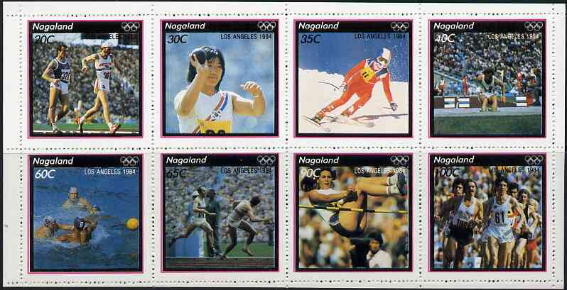 Nagaland 1984 Los Angeles Olympic Games perf sheetlet containing complete set of 8 values unmounted mint, stamps on , stamps on  stamps on olympics    walking    shot    skiing    long jump      water polo     relay    high jump