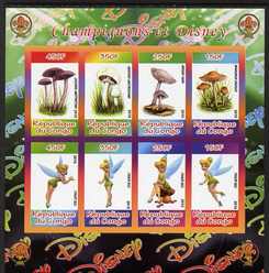 Congo 2010 Disney & Mushrooms imperf sheetlet containing 8 values with Scout Logo unmounted mint, stamps on , stamps on  stamps on disney, stamps on  stamps on films, stamps on  stamps on cinema, stamps on  stamps on movies, stamps on  stamps on cartoons, stamps on  stamps on scouts, stamps on  stamps on fungii