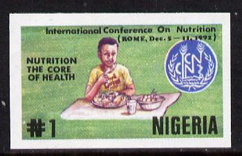Nigeria 1992 Conference on Nutrition - 1N (Child Eating) unmounted mint imperf single as SG 643, stamps on children  food  