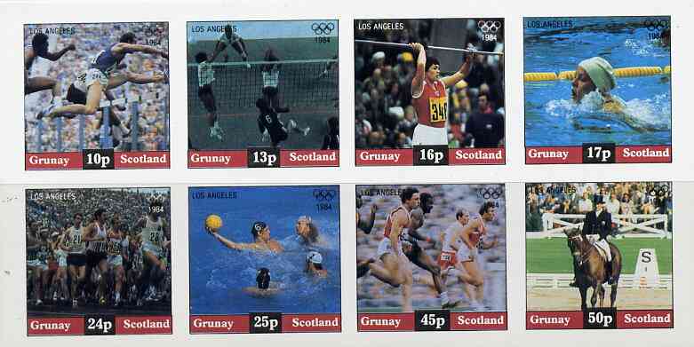 Grunay 1984 Los Angeles Olympic Games imperf  set of 8 values (10p to 50p) unmounted mint, stamps on , stamps on  stamps on olympics, stamps on  stamps on hurdles, stamps on  stamps on javelin, stamps on  stamps on swimming, stamps on  stamps on running, stamps on  stamps on dressage, stamps on  stamps on horses, stamps on  stamps on water polo