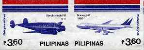 Philippines 1986 45th Airline Anniversary imperf se-tenant pair (2 x 3p60) on ungummed wmk'd paper, as SG 1955-56, stamps on , stamps on  stamps on aviation, stamps on beech, stamps on boeing, stamps on 747