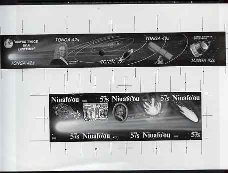 Tonga 1986 Halley's Comet 42s se-tenant strip of 5 plus Niuafo'ou 57s se-tenant strip on photographic proof 225 mm x 158 mm (as SG 923a & 69a), stamps on , stamps on  stamps on space, stamps on  stamps on halley, stamps on  stamps on telescope, stamps on  stamps on planets, stamps on  stamps on tapestry, stamps on  stamps on textiles