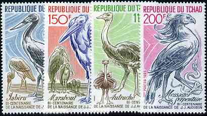 Chad 1985 John Audubon Birth Bicentenary unmounted mint set of 4 Birds, SG 794-97, stamps on , stamps on  stamps on birds    audubon     stork      ostrich     secretary    snakes, stamps on  stamps on snake, stamps on  stamps on snakes, stamps on  stamps on 