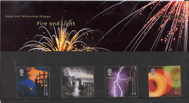 Great Britain 2000 Millennium Projects #02 - Fire and Light set of 4 in official presentation pack SG 2129-32, stamps on fire, stamps on railways, stamps on weather, stamps on millennium