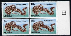 Nigeria 1986 Rock Python 10k in unmounted mint marginal block of 4 with inverted wmk (as SG 509), stamps on , stamps on  stamps on animals    reptiles