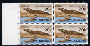 Nigeria 1986 Crocodile 20k in unmounted mint marginal block of 4 with inverted wmk (as SG 510), stamps on , stamps on  stamps on animals    reptiles