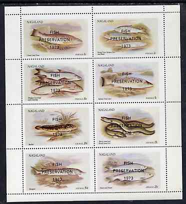 Nagaland 1973 Fish (Trout, Salmon, Sturgeon, Eels, etc) perf  set of 8 values opt'd FISH PRESERVATION 1973 unmounted mint, stamps on fish     marine-life