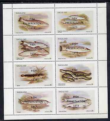 Nagaland 1973 Fish (Trout, Salmon, Sturgeon, Eels, etc) perf  set of 8 values opt'd FISH PRESERVATION 1973 unmounted mint, stamps on , stamps on  stamps on fish     marine-life