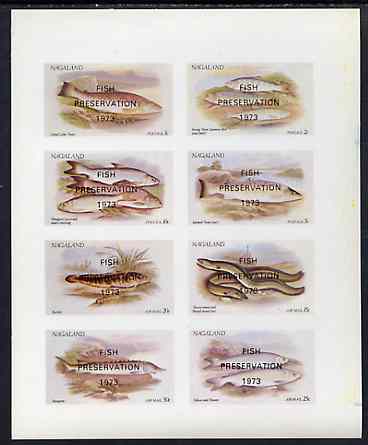 Nagaland 1973 Fish (Trout, Salmon, Sturgeon, Eels, etc) imperf  set of 8 values opt'd FISH PRESERVATION 1973 unmounted mint, stamps on , stamps on  stamps on fish     marine-life