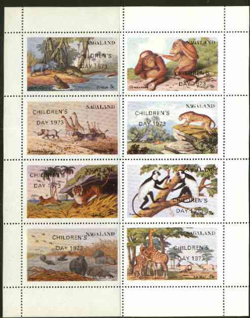 Nagaland 1973 African Wild Animals (Zebra, Giraffe, Crocs, Apes, etc) perf set of 8 values opt'd CHILDRENS DAY 1973 unmounted mint, stamps on , stamps on  stamps on animals     apes    giraffe    zebra    leopard     tigers     children