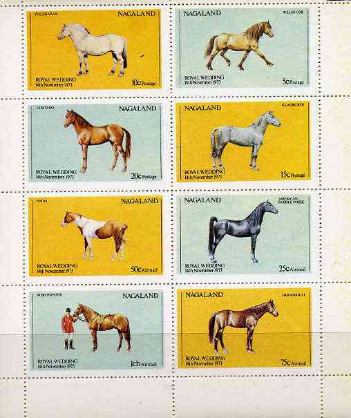 Nagaland 1973 Royal Wedding (Horses) perf set of 8 values unmounted mint (5c to 1ch), stamps on royalty, stamps on anne & mark, stamps on horses    