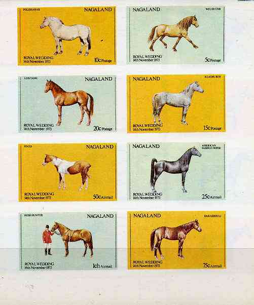Nagaland 1973 Royal Wedding (Horses) imperf set of 8 values unmounted mint (5c to 1ch), stamps on royalty    anne & mark     horses    