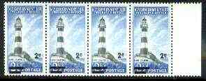 New Zealand 1967 2c on 2.5d Lighthouse (Life Insurance) unmounted mint strip of 4 with surcharge doubled (kiss print) as SG L51, stamps on lighthouses