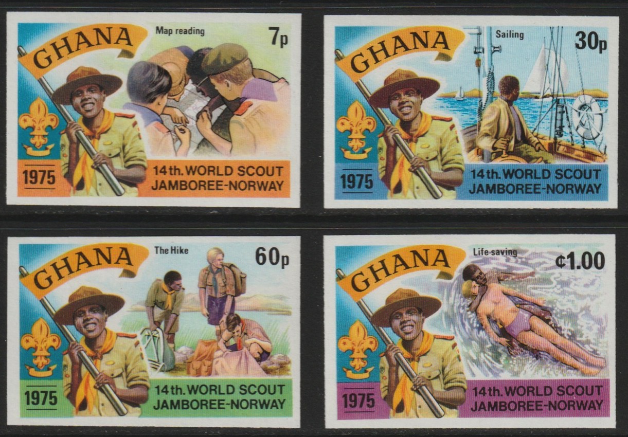 Ghana 1976 World Scout Jamboree imperf set of 4 unmounted mint (as SG 755-58)*, stamps on , stamps on  stamps on scouts, stamps on  stamps on maps, stamps on  stamps on walking, stamps on  stamps on rescue, stamps on  stamps on sailing