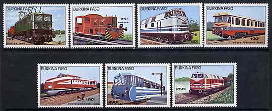 Burkina Faso 1985 Diesel & Electric Locos unmounted mint complete set of 7, SG 809-15, Mi 1043-49*, stamps on , stamps on  stamps on railways