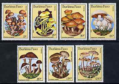 Burkina Faso 1985 Fungi unmounted mint complete set of 7, SG 820-26, Mi 1054-60*, stamps on fungi