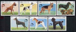 Cuba 1992 Dogs complete set of 7 unmounted mint, SG 3708-14, Mi 3558-64*, stamps on , stamps on  stamps on dogs, stamps on  stamps on boxer, stamps on  stamps on dane, stamps on  stamps on  gsd , stamps on  stamps on doberman, stamps on  stamps on dachshunds, stamps on  stamps on poodle, stamps on  stamps on fox terriers