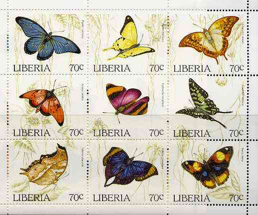 Liberia 1996 Butterflies unmounted mint sheetlet containing complete set of 9 values, stamps on , stamps on  stamps on butterflies