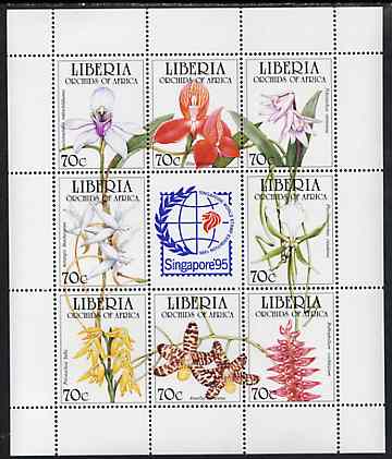 Liberia 1995 Orchids sheetlet containing complete set of 8 values plus Singapore '95 label, unmounted mint Mi 1631-38, stamps on , stamps on  stamps on flowers, stamps on orchids, stamps on stamp exhibitions
