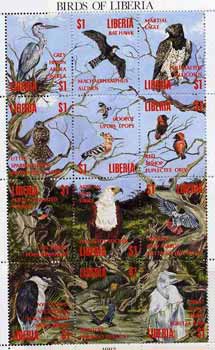 Liberia 1994 Birds sheetlet containing complete set of 12 values unmounted mint, Mi 1582-93, stamps on birds      eagle    birds of prey      heron      hoopoe     sunbird    swallowparrot     bishopbird
