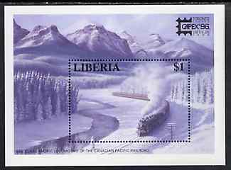 Liberia 1995 Capex '96 Stamp Exhibition unmounted mint m/sheet showing Canadian Pacific Railroad, Mi BL 148, stamps on , stamps on  stamps on stamp exhibitions, stamps on railways