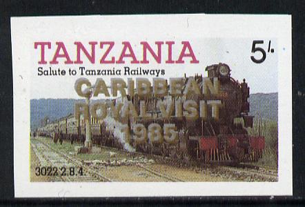 Tanzania 1985 Locomotive 3022 5s value (SG 430) unmounted mint imperf proof single with 'Caribbean Royal Visit 1985' opt doubled, one in silver, one in gold, stamps on railways, stamps on royalty, stamps on royal visit