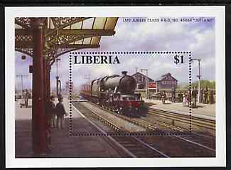 Liberia 1995 Locomotives $1 m/sheet (LMS Jubilee Class 45684 Jutland at Kettering Station) unmounted mint, stamps on , stamps on  stamps on railways    bicycles