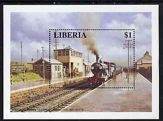 Liberia 1995 Locomotives $1 m/sheet (SR Class T9 Loco passing Halwill - Beaworthy Station) unmounted mint, stamps on , stamps on  stamps on railways    bicycles