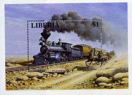 Liberia 1995 Locomotives $1 m/sheet (4-4-0 Loco No. 11 Reno with Stage Coach alongside) unmounted mint, stamps on , stamps on  stamps on railways     horses       wild-west      americana  , stamps on  stamps on wild west