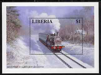 Liberia 1995 Locomotives $1 m/sheet (Wainwright 'H' Class 0-4-4 Locomotive in snow scene) unmounted mint, stamps on railways   