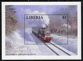 Liberia 1995 Locomotives $1 m/sheet (Wainwright 'H' Class 0-4-4 Locomotive in snow scene) unmounted mint, stamps on , stamps on  stamps on railways   