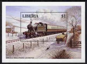 Liberia 1994 Locomotives $1 m/sheet (GWR 2-6-2 Small Prairie Loco in snow scene with Dog) unmounted mint, stamps on railways     dogs