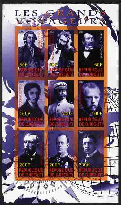 Djibouti 2010 Great Explorers #2 imperf sheetlet containing 9 values unmounted mint, stamps on , stamps on  stamps on personalities, stamps on  stamps on explorers, stamps on  stamps on livingstone, stamps on  stamps on shackleton, stamps on  stamps on scott