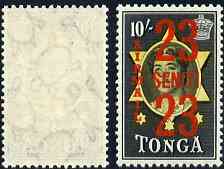 Tonga 1968 Surcharged 23s on 10s unmounted mint with Tortoise watermark sideways, SG 242*, stamps on tortoise, stamps on reptiles 
