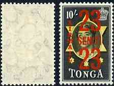 Tonga 1968 Surcharged 23s on 10s unmounted mint with Tortoise watermark sideways, SG 242*, stamps on tortoise, stamps on reptiles