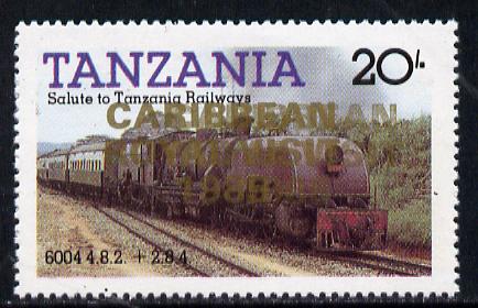 Tanzania 1985 Locomotive 6004 20s value (SG 432) unmounted mint perforated proof single with 'Caribbean Royal Visit 1985' opt in gold doubled, stamps on , stamps on  stamps on railways, stamps on royalty, stamps on royal visit, stamps on big locos