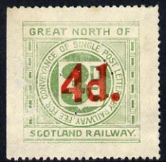 Cinderella - Great Britain 1925 Great North of Scotland Railway 4d in red on 3d green letter stamp (disturbed gum)*, stamps on railways, stamps on cinderella, stamps on scots, stamps on scotland