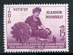 India 1963 Declaration of Human Rights (Eleanor Roosevelt at Spinning Wheel) SG 478 unmounted mint*                                                                       ..., stamps on women, stamps on human rights, stamps on textiles, stamps on spinning