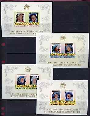 Montserrat 1985 Life & Times of HM Queen Mother the set of 8 (4 se-tenant pairs) each pair in Cromalin (plastic coated proof) deluxe sheet format with silver & gold surro..., stamps on royalty, stamps on queen mother