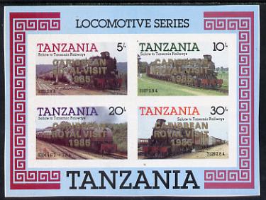 Tanzania 1985 Locomotives unmounted mint imperf proof m/sheet with Caribbean Royal Visit 1985 opt doubled, one in silver, one in gold, stamps on railways, stamps on royalty, stamps on royal visit, stamps on big locos