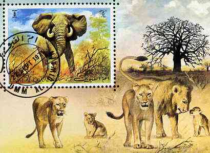 Umm Al Qiwain 1971 Animals imperf m/sheet (Elephant and Lions) cto used Mi BL 34B, stamps on animals     elephants    lions    cats