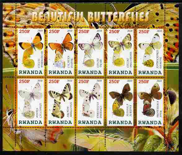 Rwanda 2010 Beautiful Butterflies perf sheetlet containing 10 values unmounted mint, stamps on , stamps on  stamps on butterflies