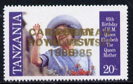 Tanzania 1985 Life & Times of HM Queen Mother 20s (SG 426) unmounted mint proof single with 'Caribbean Royal Visit 1985' optd in gold doubled*, stamps on royalty, stamps on royal visit , stamps on queen mother