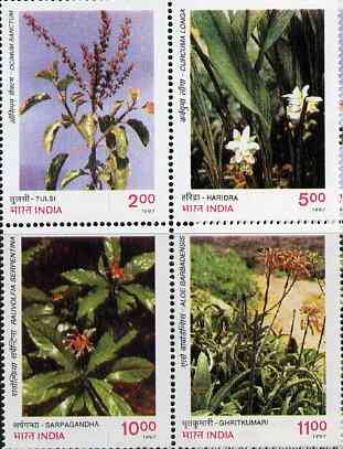 India 1997 Medicinal Plants unmounted mint se-tenant block of 4, SG 1747a, stamps on flowers    medical, stamps on medicinal plants