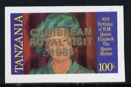 Tanzania 1985 Life & Times of HM Queen Mother 100s (SG 428) unmounted mint imperf proof single with 'Caribbean Royal Visit 1985' opt doubled, one in silver, one in gold*, stamps on , stamps on  stamps on royalty, stamps on royal visit , stamps on queen mother