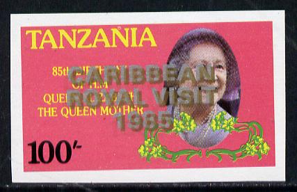 Tanzania 1985 Life & Times of HM Queen Mother 100s (SG 427) unmounted mint imperf proof single with 'Caribbean Royal Visit 1985' opt doubled, one in silver, one in gold*, stamps on , stamps on  stamps on royalty, stamps on royal visit , stamps on queen mother