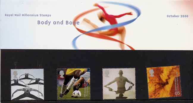Great Britain 2000 Millennium Projects #10 - Body & Bone set of 4 in official presentation pack SG 2166-69, stamps on football, stamps on dance, stamps on science, stamps on millennium, stamps on sport